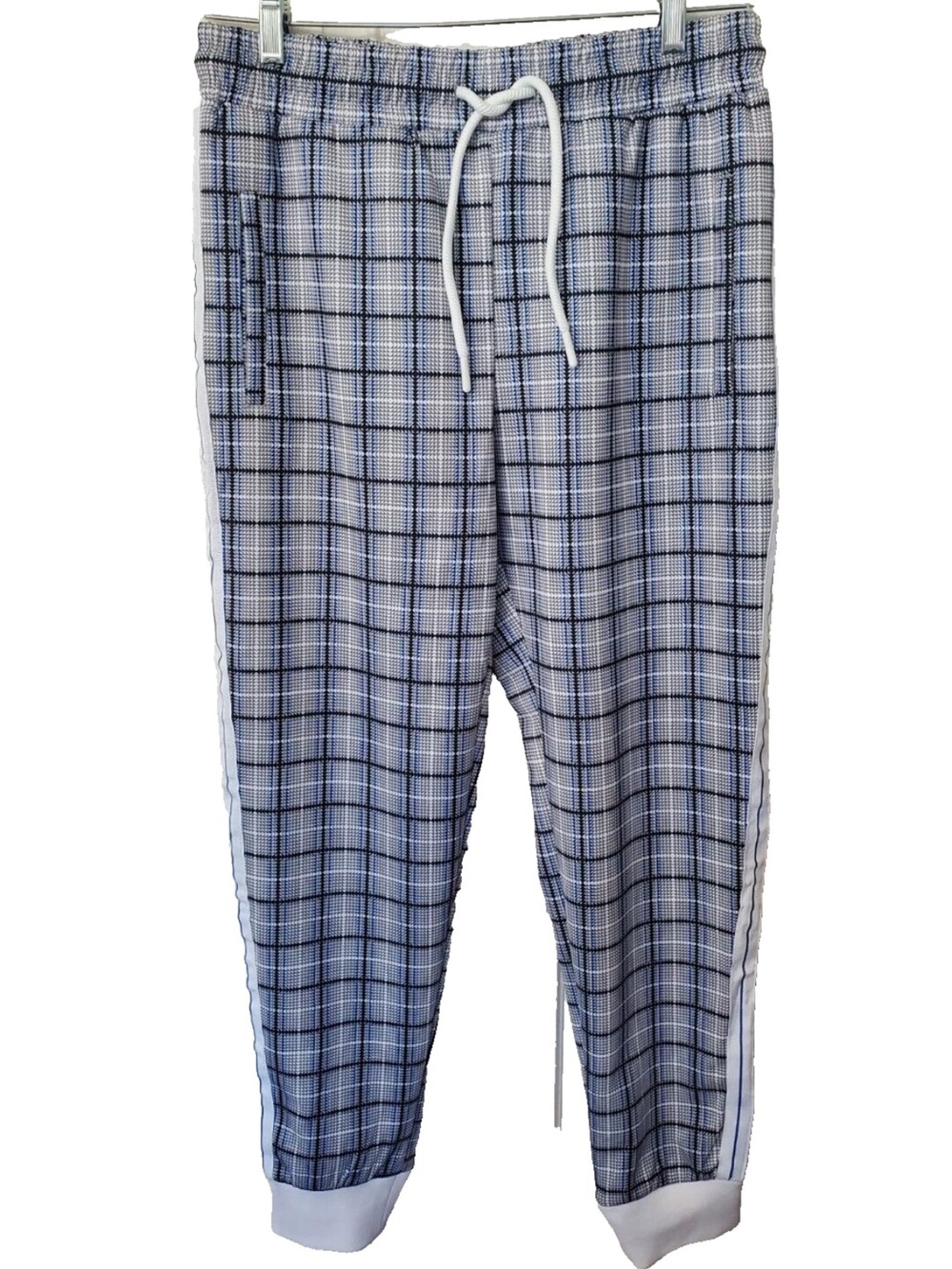 Pants Joggers Pull-On Drawstring Plaid Pockets Men 2XLG White /Blue JIAN WANG